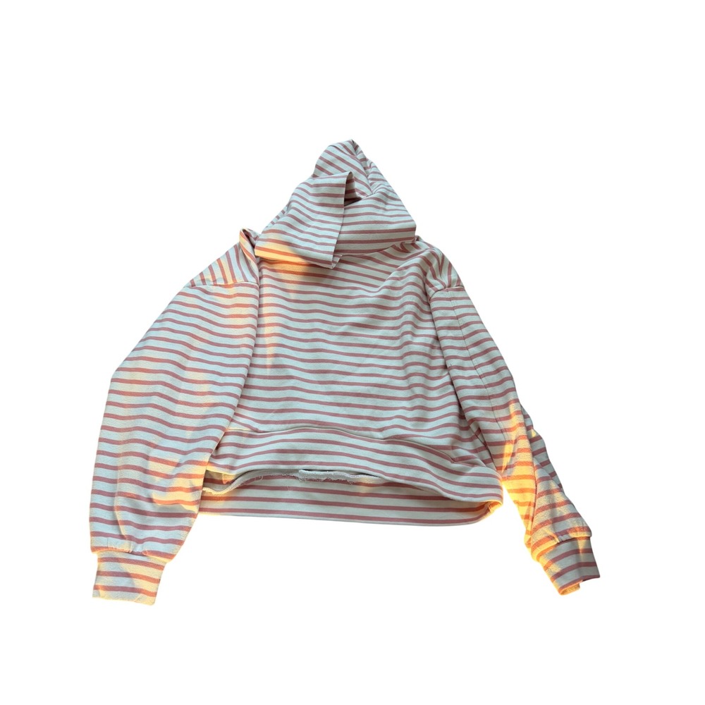 Pilcro Anthropologie Pink White Striped Raw Hem Pullover Hoodie Sweatshirt M